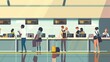 © Кирилл Макаров - Passengers at airport check-in counter with luggage. Airport terminal, flight check-in process, airline service, ticketing, travelers, boarding procedures, and customer assistance.