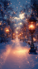 tranquil winter forest scene with softly falling snow and glowing lanterns, designed for a peaceful Christmas smartphone wallpaper