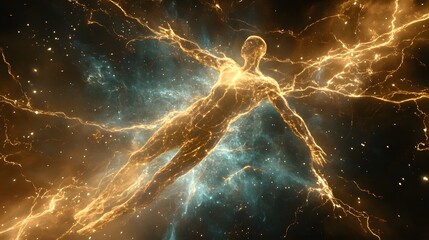 Wall Mural - Beams of electricity stretch from the figure connecting it to the starry universe