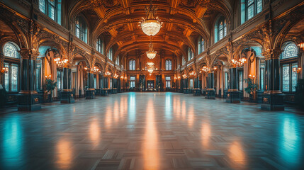 Wall Mural - Wallpaper Featuring A Grand Victorian Ballroom Dressed For A Wedding, With Chandeliers, Elegant Drapes, And A Subtle Floral Pattern Throughout The Background