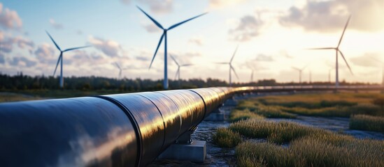 Pipeline with wind turbines in background, sunset lighting, green landscape