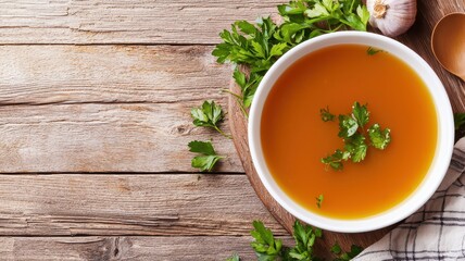 Light vegetable broth delicately seasoned and garnished with fresh organic herbs for a flavorful, healthy dish.