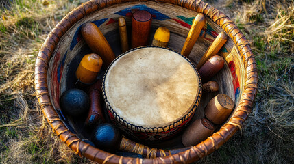 Top Down View of Native American Drums and Rattles for Spiritual Ceremonial Singing