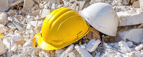 Close-up of a yellow safety helmet on rubble, fallen worker partially visible, highlighting themes of injury, safety, and construction site risks