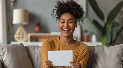 Joyful woman with curly hair holding an envelope on a cozy couch at home. Personal correspondence and happy news.