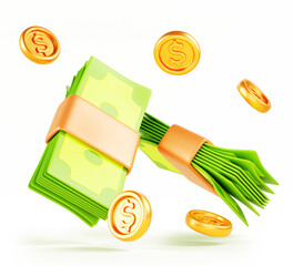 3d money cash icon, paper bills pack with flying gold coin. Green dollar stack, currency banknotes bundle, isolated design element. Business and finance concept. Cartoon render banner. 3D illustration