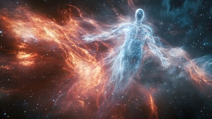 Wall Mural - Electric tendrils glow from the cosmic figure as it merges with the distant stars