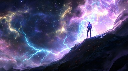 Wall Mural - Aetheric tendrils of electricity extend from a glowing figure towards distant stars