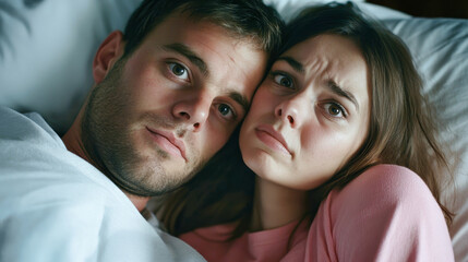 A married couple in bed, experiencing sadness and exhaustion as emotional struggles become visible in the soft morning light