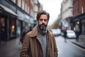 Portrait of a handsome bearded man in a coat in the city