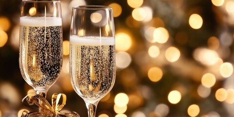 Two champagne glasses with bubbles on the surface. The bubbles are in the foreground and the glasses are in the background