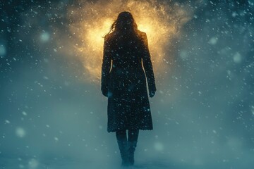 Wall Mural - Silhouette of a Person Walking Through a Snowy Landscape