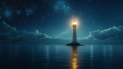 2410 20.Majestic 2025 greeting card concept with a lighthouse shining bright over a calm ocean, symbolizing a clear path forward, under a night sky filled with stars, highlighting the idea of