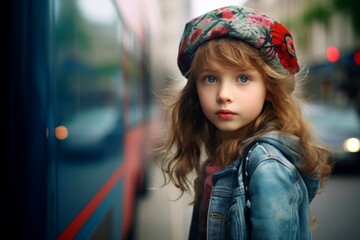 Portrait of a cute little girl in a cap and jeans jacket.