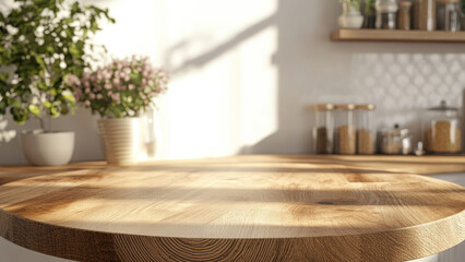 Round wooden table with sunlight shining on it, with a blurred background of a kitchen.