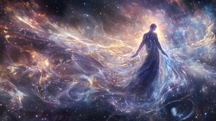 electric tendrils flow from the figure into the universe connecting with the stars