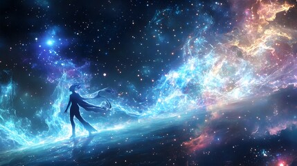 Wall Mural - Electric tendrils flow from the figure into the universe connecting with the stars