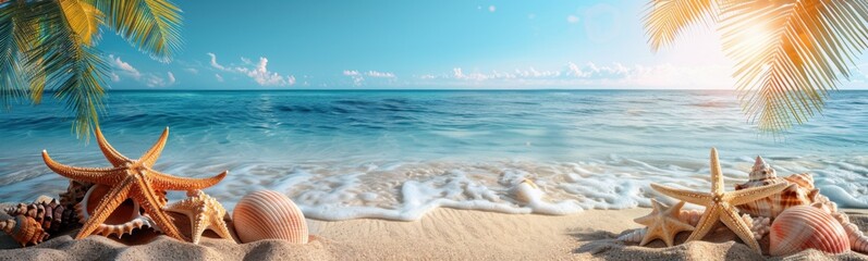 Shells and starfishs on the beach near the ocean, travel concept, banner, copy space