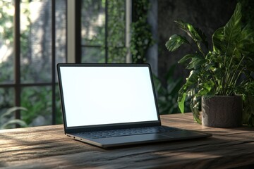 Wall Mural - Laptop showing white screen is standing on a wooden desk in a sunny room with plants