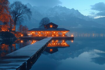 Wall Mural - A Cozy Cabin on a Still Lake with Snowy Mountains in the Background