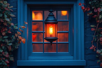 Wall Mural - A Glowing Lantern Hung In A Window With Vines