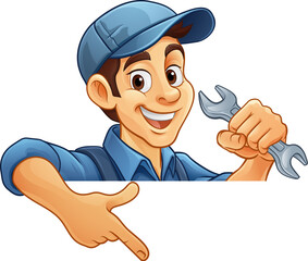 A mechanic or plumber handyman cartoon mascot man holding a wrench or spanner peeking around a sign and pointing at it