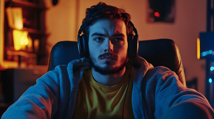 Serious man relaxing on a chair and playing video game while wearing headphones -