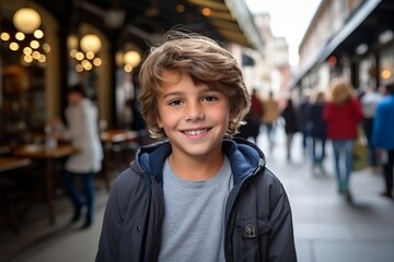 Portrait of a cute little boy in the street of a European city