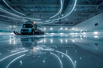 Solitary Zamboni Frosting the Ice Of An Empty Skating Rink Under Circular Lights