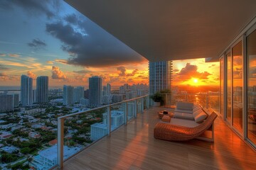 A beautiful sunset view from a balcony. Perfect for illustrating luxury living, urban lifestyle, or cityscapes.