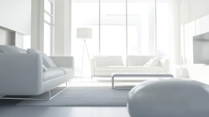 Modern minimalist living room with white and gray furniture. Featuring a spacious, bright layout with minimal decor. Showcasing contemporary style and minimalism. Ideal for real estate marketing