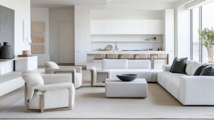 Modern minimalist living room with white and gray furniture. Featuring a spacious, bright layout with minimal decor. Showcasing contemporary style and minimalism. Ideal for real estate marketing