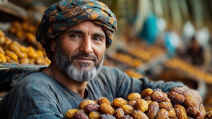 A cheerful male vendor in a Middle Eastern market proudly displays an array of fresh dates, embodying cultural tradition.