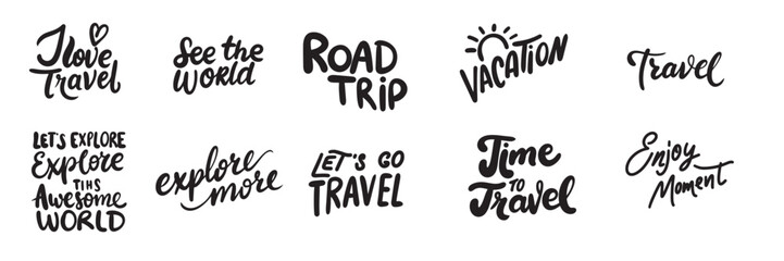 Wall Mural - Collection of text lettering about travel. Hand drawn vector art.