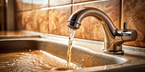 Wall Mural - Dirty brown water pouring from tap in sink