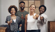 © Nicholas Felix/peopleimages.com - Portrait, thumbs up and team of happy business people together for success, quality work or celebration. Creative group, smile or like hand gesture for collaboration, diversity or laughing in startup