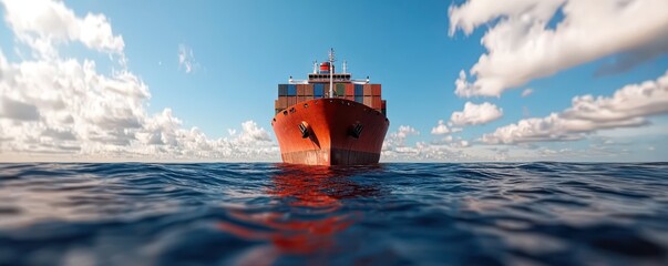 Large cargo ship sailing on the ocean under a clear blue sky