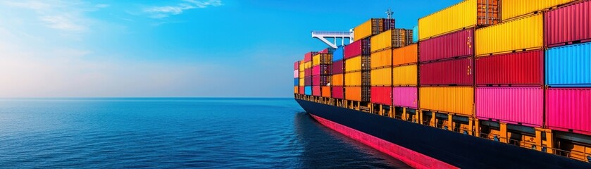 Colorful cargo ship sailing on calm ocean waters under a clear blue sky.