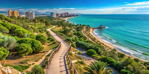 Wall Mural - Lush green landscapes and coastal views in Benicassim and Oropesa del Mar, Costa Azahar