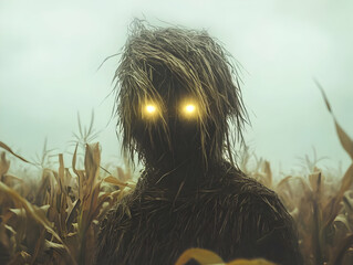 A mysterious figure made of straw stands ominously in a cornfield under a cloudy sky.