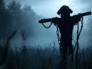 A silhouetted scarecrow stands in a misty field under a moonlit sky, evoking a mysterious and eerie atmosphere.