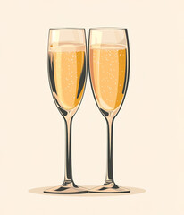 Two glasses of champagne, vintage style illustration