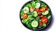 © BGSTUDIOX - Illustration of a colorful mixed greens salad in a black bowl, white background, cherry tomatoes and cucumbers, vibrant colors, top view composition.