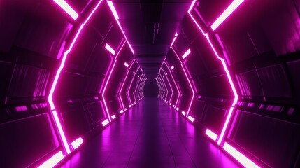 Abstract futuristic corridor with pink neon lights.