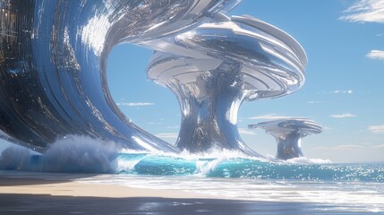 Futuristic Megastructure: Grand Wave-Inspired Digital Artwork