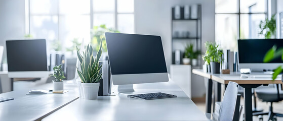 Wall Mural - Modern office workspace with computer and green plants, bright natural light filtering through large windows.