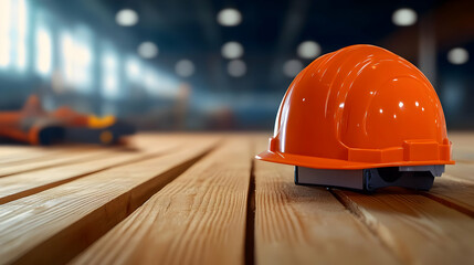 Orange safety helmet on wooden floor in a construction environment.