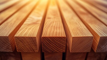 Sunlit wooden beams aligned in a row, showcasing natural grain patterns, AI