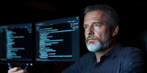Focused Software Developer Working Late on Code