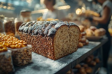 Wall Mural - Freshly Baked Loaf of Bread with Seeds and Powdered Sugar on a Wooden Shelf